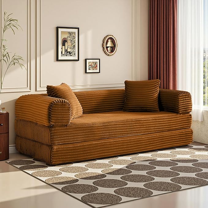 Boneless Couch Versatile Couches for Living Room No-Install Sofa Bed Corduroy Futon Soft Cloud Couch with Pillows for Bedroom Game Movie (Orange)