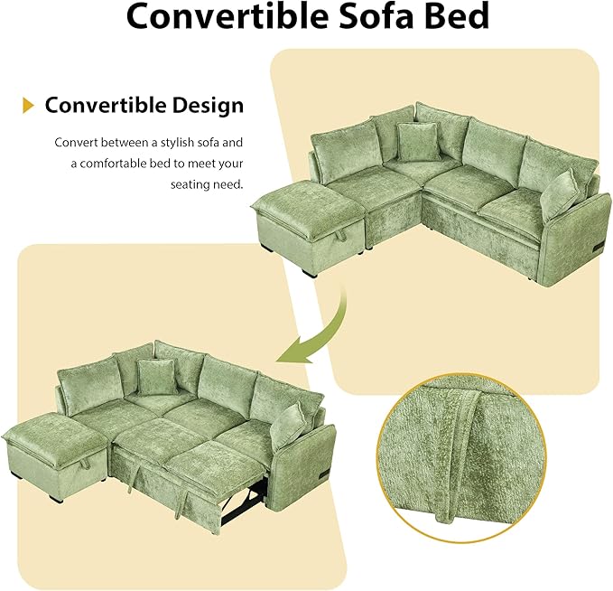 LUMISOL 82.7 Convertible Sleeper Sofa Bed with Storage Ottoman L-Shaped Sectional Sofa with Pull Out Bed USB Ports Chenille Sleeper Sofa Couch with Chaise for Living Room Green