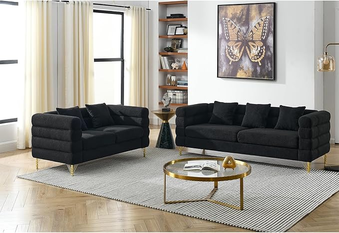 Loveseat Modern Sofa 60 Teddy Boucle Comfy Cloud Couch Upholstered Deep 2 Seater Sherpa Couch Set with Stylish Metal Legs for Living Room Home Office Bedroom Apartment Black