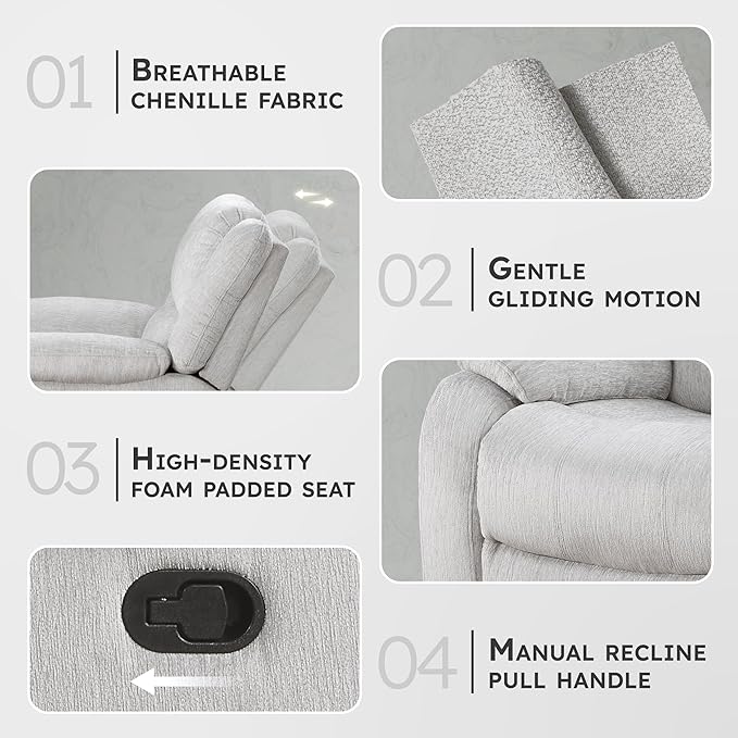 Lexicon Manual Glider Recliner Sofa Chair Home Theater Seating Wall Hugger Manual Reclining Nursery Chair for Bedroom/Living Room/Office/Apartment Grey Chenille