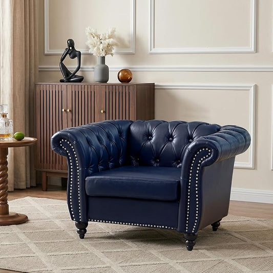 AVZEAR Leather Upholstered Armchair Single Sofa Chair with Rolled Arms and Nailhead Mid-Century Modern Tufted PU Chesterfield Chair for Living Room Bedroom Office Apartment PU Blue