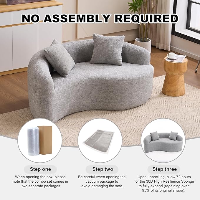 Modern Chenille S-Curved Modular Loveseat Sofa 66.9 Compression Sponge Boneless Couch No Assembly Required Cozy Upholstered Seating for Living Room Apartment Office or Meditation Space (Grey)