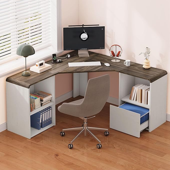 60 L Shaped Desk with File Drawer Modern Corner Computer Desk with Storage L Shape Home Office Desk Executive Desk with Power Outlets Storage Shelves File Cabinet for Working Writing White