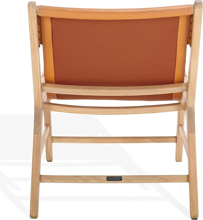 SAFAVIEH Couture Collection - Alanarose Tan &amp Natural Solid Teak Wood Accent Chair Modern Sling Style Leather Seat Fully Assembled (SFV1903D)