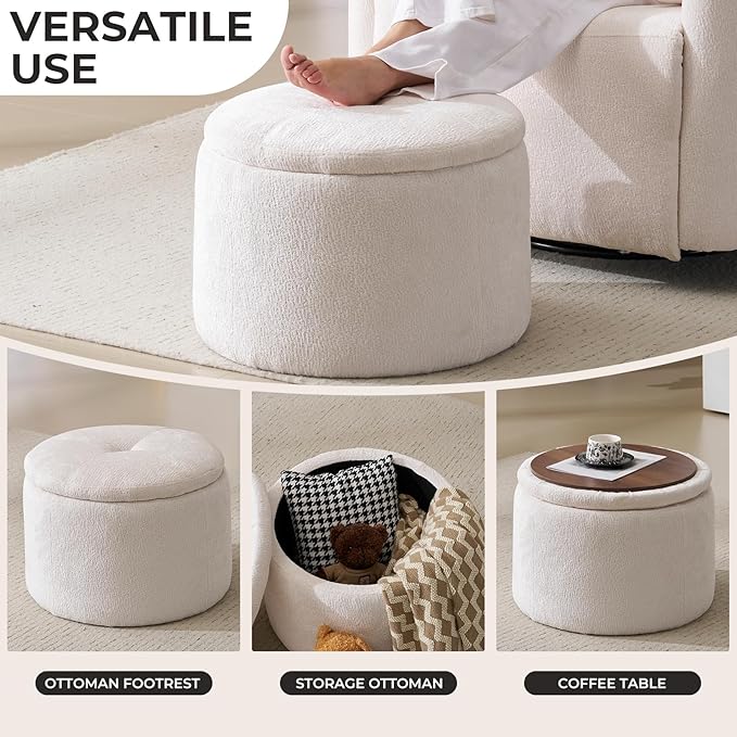 Modern Round Storage Ottoman Chenille Ottoman Foot Stools Ottoman Footstool with Removable Lid Storage Ottoman for Living Room Multi-Functional Footrest White