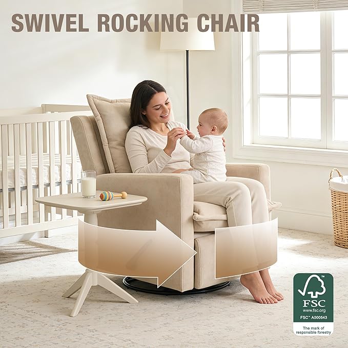 Euthymia Swivel Rocking Chair Nursery High Back Glider Rocker Recliner Chair for Small Spaces Manual Reclining Sofa for Living Room Bedroom Beige