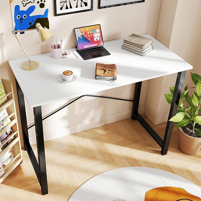OLIXIS 47 Inch Computer Office Desk for Small Spaces Writing Gaming Work Desk Modern Study Table with Metal Frame Home Bedroom White