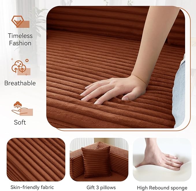 KBQ 3-Seat Convertible Sleeper Sofa Bed with 3 Pillows Boneless Sofa in a Box Corduroy Folding Mattress Couch Floor Sofa Lounge Couch for Living Room Bedroom Lounge Orange