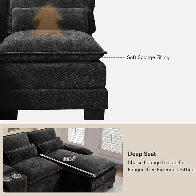 125 U Shaped Sectional Sofa with Storage Console Cup Holders &amp USB Ports Small Modular Deep Seat Cloud Couch Modern Comfy Chenille Sofas for Living Room Black