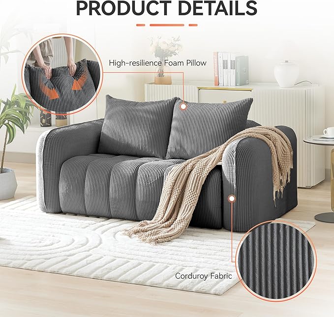 Corduroy Boneless Living Room Sets Modern Upholstered Loveseat with 2 Signle Sofa Chairs Comfy Deep Seat Cloud Sofa Couch Sets for Living Room Grey