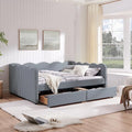 Cozy Gingham Daybed with 2 Drawers Queen Size Sofa Bed No Box Spring Needed with USB Port and Adorable Wave Shaped Linen Fabric Navy (Navy Blue+Queen+2 Drawers)