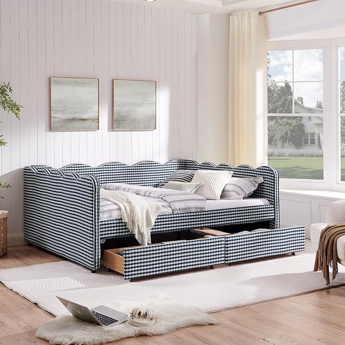Cozy Gingham Daybed with 2 Drawers Queen Size Sofa Bed No Box Spring Needed with USB Port and Adorable Wave Shaped Linen Fabric Navy (Navy Blue+Queen+2 Drawers)