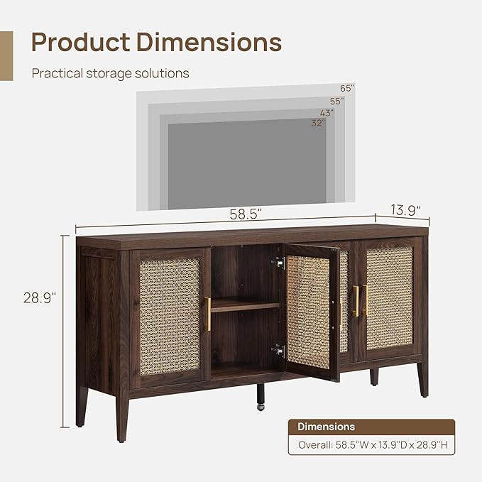 SICOTAS TV Stands for Living Room-Entertainment Center with Storage for Bedroom-Mid Century Modern Television Stands with 4 Doors 59 Media Console TV Cabinet Credenza for 45 50 55 60 65 Inch TVs