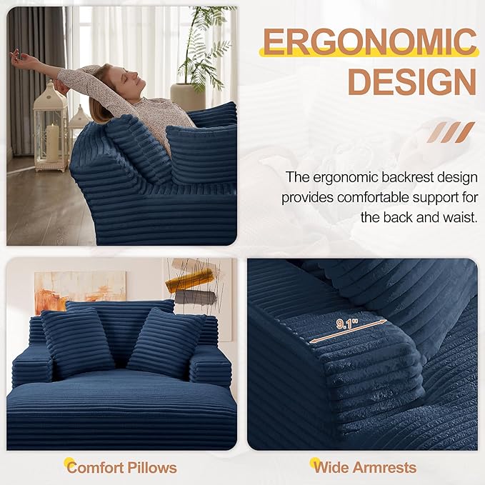 67 Oversized Chaise Lounge Chair Indoor Corduroy Boneless Chaise Lounge Sofa Chair with Pillows &amp Wide Armrest Deep Seat Fluffy Reading Chairs Small Cloud Couches for Living Room Blue