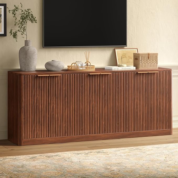 Evermagin 67 Walnut Fluted TV Stand for TVs up tp 75 Mid-Century Modern Entertainment Center with Storage Cabinets and Fluted Doors Wood Media TV Consoles for Living Room and Bedroom Furniture