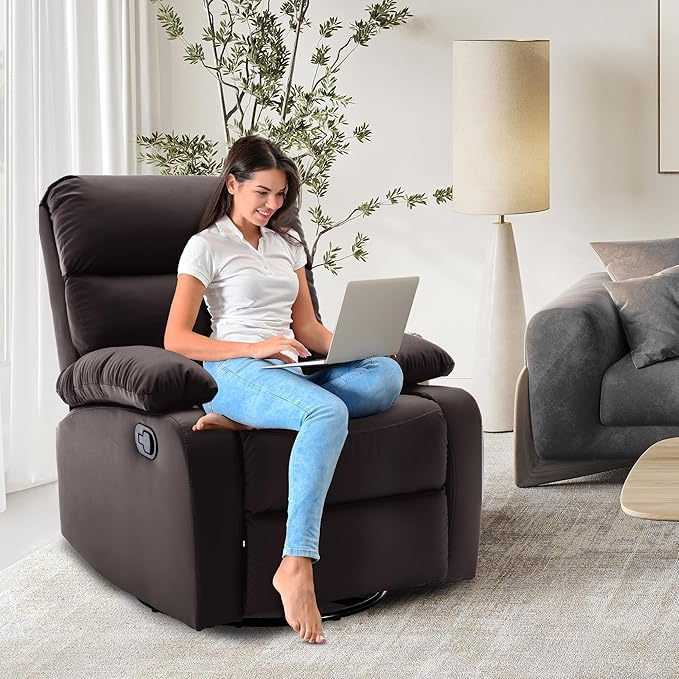Swivel Rocker Recliner Small Recliners for Small Spaces with Overstuffed Arms and Back Manual Swivel Chairs for Living Room Nursery Bedroom Dark Brown