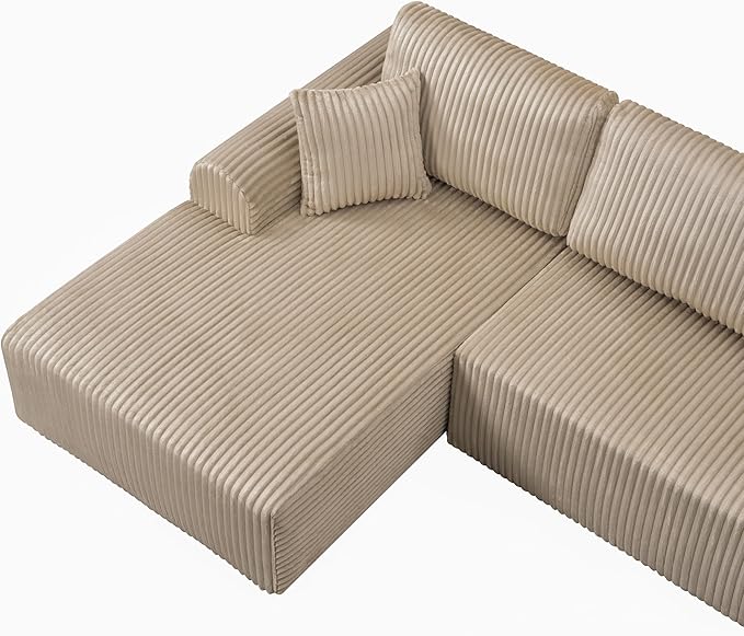 109-Inch L-Shaped Left Facing Boneless Corner Sofa 2 PCS Modular Sectional Cloud Sofa Couch with Chaise Lounge and Toss Pillow Corduroy Boneless L-Shaped Couches