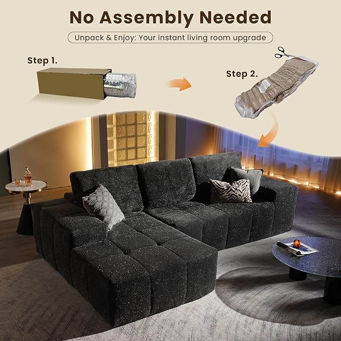 114 Glitter Cloud Sectional Couch with L-Shape Chaise Modern Boneless Couches for Living Room Fluffy Tufted Deep Seat Modular Sofa in a Box No Assembly
