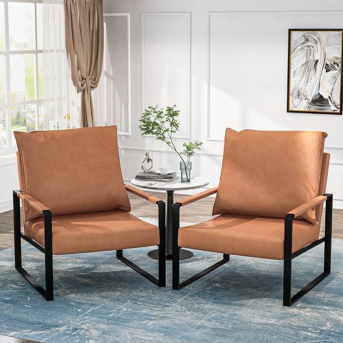 AWQM Leather Accent Chair Set of 2 Sofa Chair with Extra-Thick Padded Backrest &amp Seat Cushion Single Sofa for Living Room Bedroom Black Metal Frame 105 Degree Slant Back-Apricot（Set of 2）