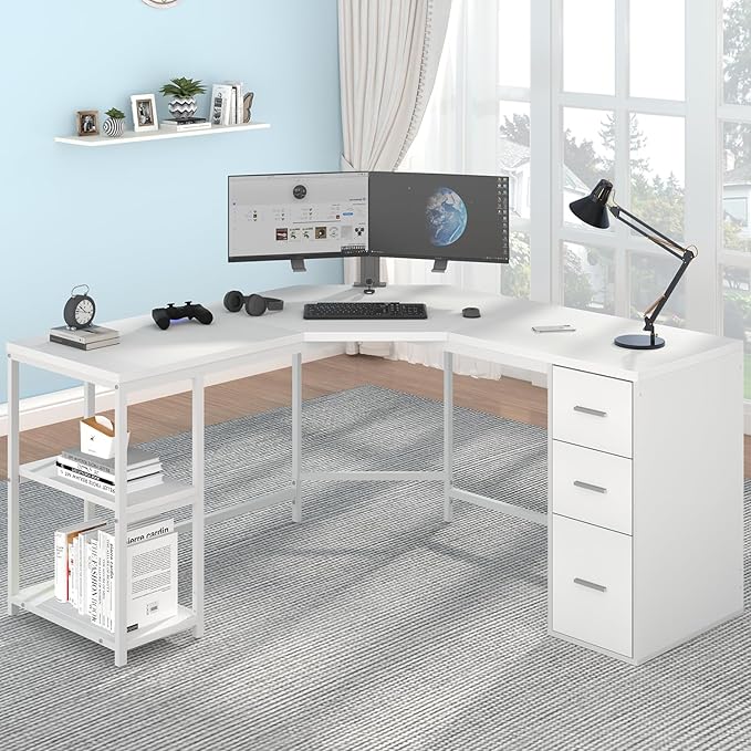 HSH White L Shaped Desk with Drawers Reversible Modern L Shaped Corner Computer Desk with Storage Cabinet Shelves Large Wooden L-Shape Home Office Desk Table for Work Study Writing Gaming 60 Inch