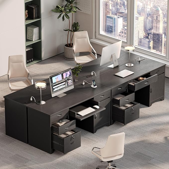 Bestier 59” Office Desk with Lockable Drawers Modern Computer Desk with File Drawer Charging Station &amp Drop-Front Keyboard Drawer Executive Desk with Storage Cabinet for Home Office &amp Studi