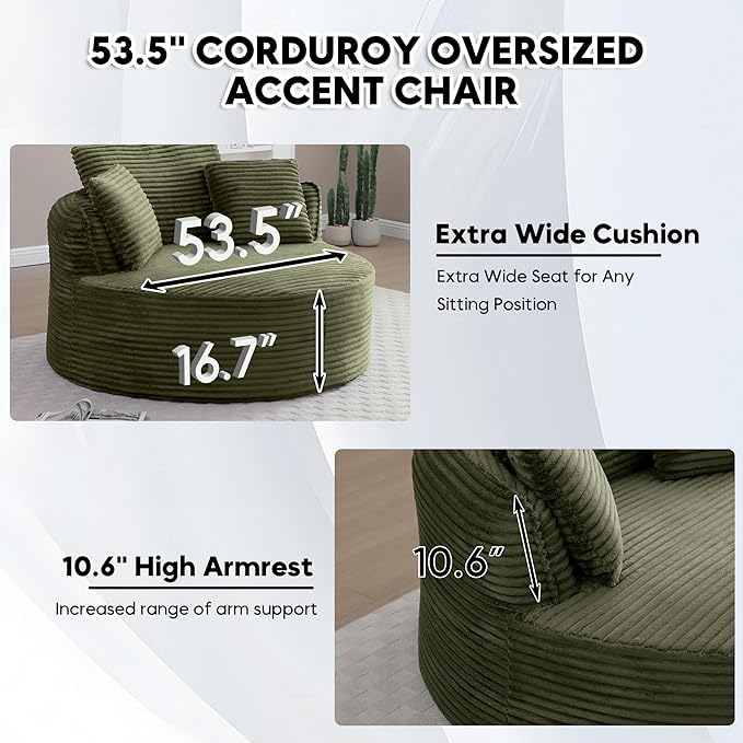 Oversized Round Chair Lounge Chaise Indoor 53.5 Corduroy Boneless Round Chair Fluffy Single Deep Seat Cloud Sofa Chairs Modern Circle Chaise Lounge for Bedroom Living Room Green