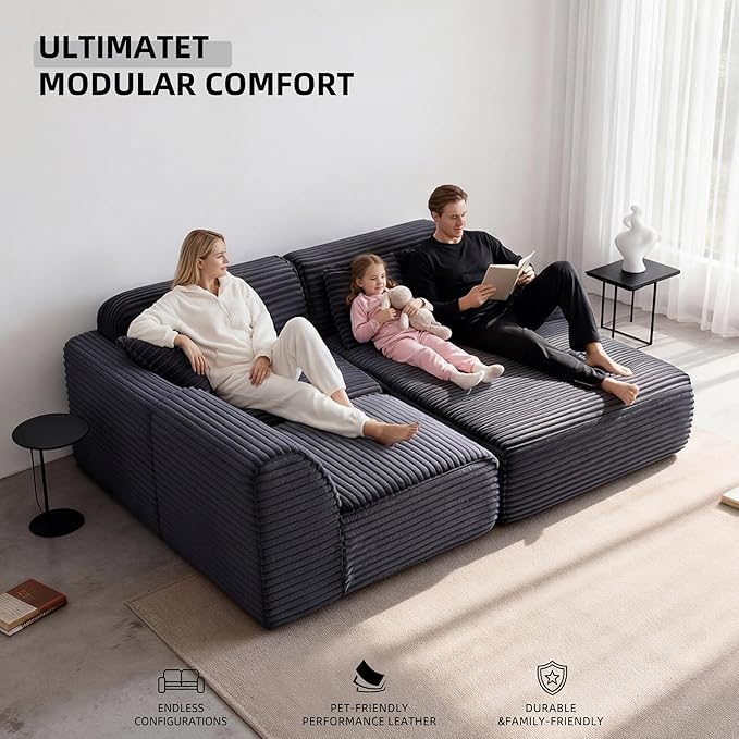 105”Cloud Couch Sectional Sofa Modular Boneless Sofa for Living Room and Apartments Deep Seat Corduroy L Shape Couch with Removable Washable Covers (Black 3 Seater+Right Facing Chaise)