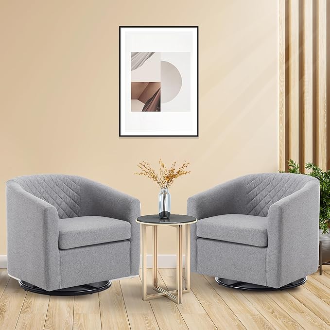 Swivel Gilder Chair Modern Round Armchair 360° Swivel Linen Barrel Chair Club Chair for Living Room Bedroom Office (Grey)