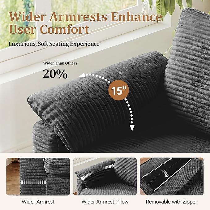 WEUP 86 Loveseat Sofa Grey Corduroy Couches for Living RoomMid Century Modern Love SeatSuper Comfy Cloud SofasDeep SeatWide ArmrestSturdy Frame for Bedroom Apartment Office
