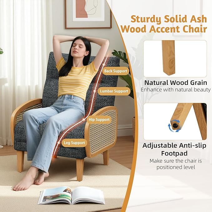 Rattan Accent Chairs Set of 2 Arm Chair with High Resilience Cushion Armchair with Sturdy Ash Wood for Living Room Dark Gray