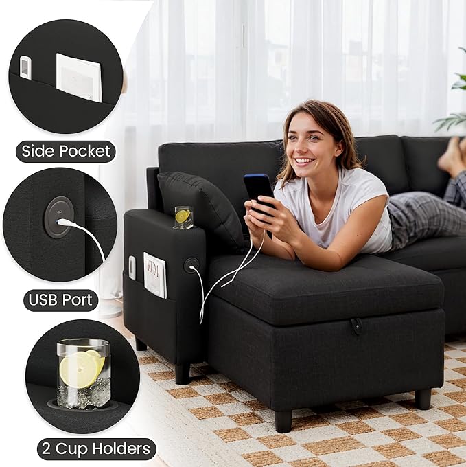 Sleeper Sofa Couch with Pullout Bed 83.5 Sectional Sofa Bed Couches for Living Room Apartment Pull Out Couch with USB Charing Reversible Storage Chaise Cup Holder Linen Fabric Black