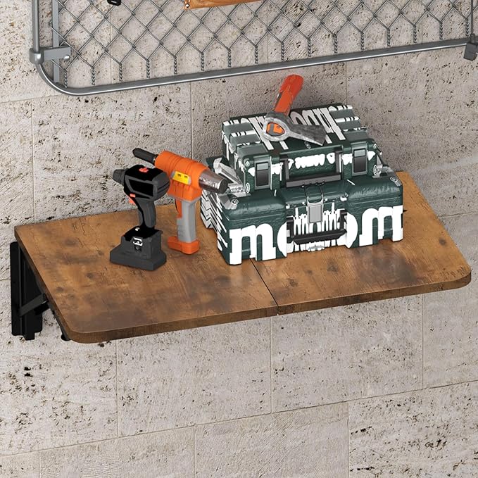 TEAMIX Wall Mounted Folding Table Rustic Brown Floating Desk for Small Spaces Laundry Shelf with Heavy Duty Brackets Floating Desk for Garage Utility Room Kitchen Laundry Room