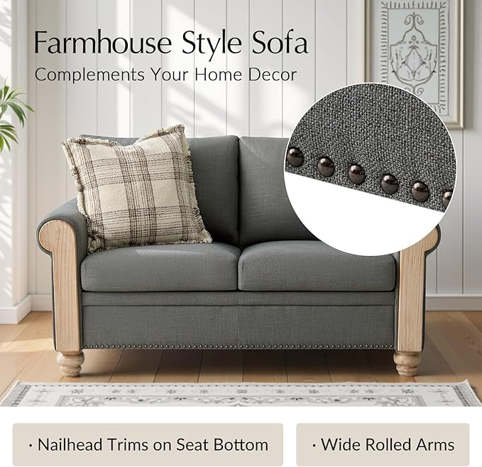 HULALA HOME 60 Farmhouse Loveseat Sofa with Solid Wood Spindle Legs 2 Seater Small Sofa with Rolled Wide Armrests Comfy Upholstered Loveseat Couch with Nailhead Trims Charcoal
