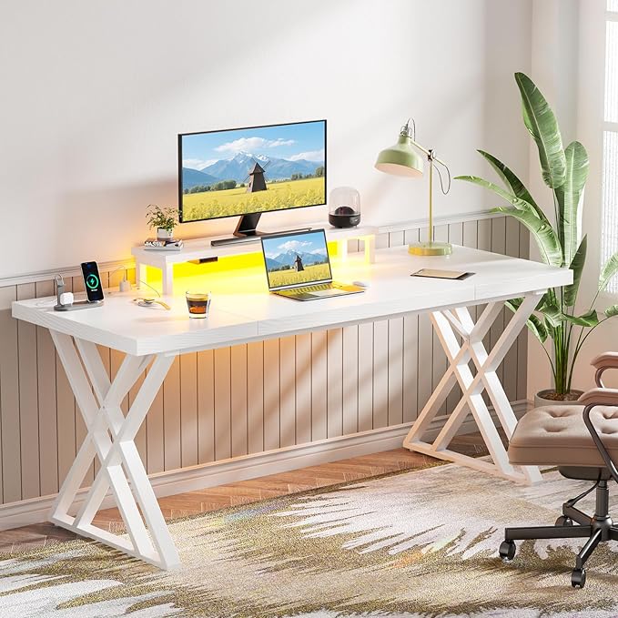 79 Inch Two Person Desk with Drawers Extra Long Desk with Storage Shelves Double Home Office Desk with Hooks 2 Person Writing Study Table Workstation for Home Office (70'' White2)