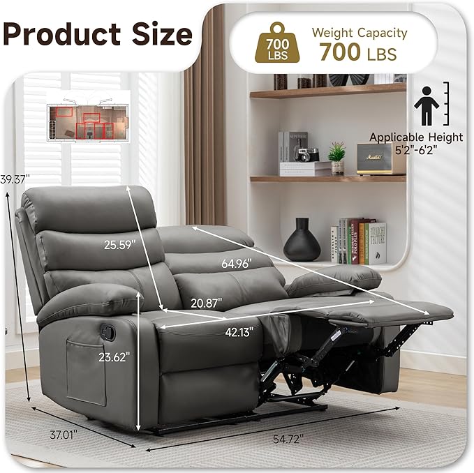 Reclining Loveseat Leather Double Recliner Sofa with Side Pocket Wall Hugger Loveseat Recliner for Living Room RV Home Theater(Grey)