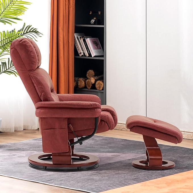 MCombo Swivel Recliners with Ottoman Reclining TV Chairs with Vibration Massage Faux Leather Ergonomic Lounge Chair for Living Room Bedroom 4832 (Burgundy)
