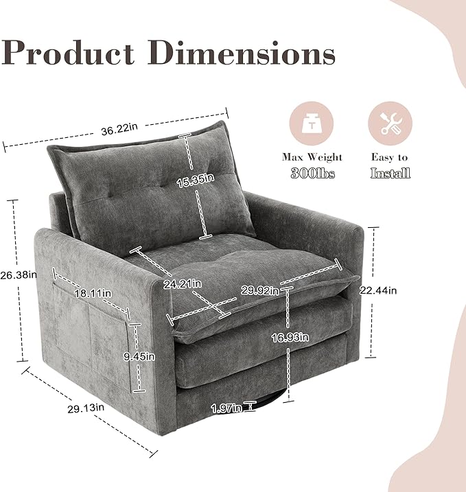 Furniliving Oversized Chenille Swivel Accent Chair for Living Room Upholstered Barrel Chair with Thick Padded Backrest Comfortable Single Sofa Chair for Bedroom Grey