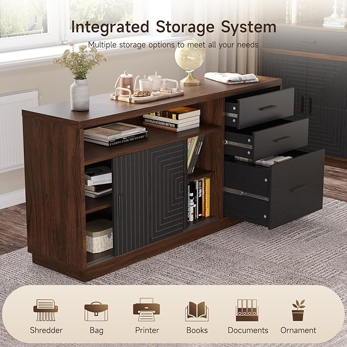 ONBRILL Home Office Furniture Set 63'' Standing Desk with 55'' File Cabinet Electric Height Adjustable Executive Workstation with Monitor Stand for Home Office Walnut
