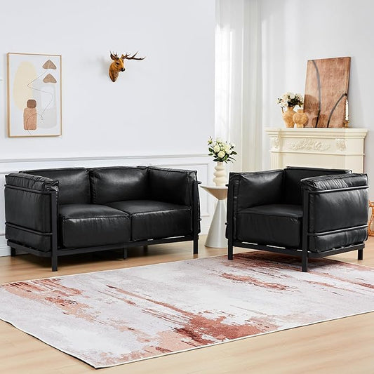 2 Piece Living Room Sofa set Mid-Century Modern Upholstered Couch Chair Faux Leather Sofa Couch with Iron Frame and Upholstered Armrest Backrest Cushion for Living Room Office Apartment (Black)