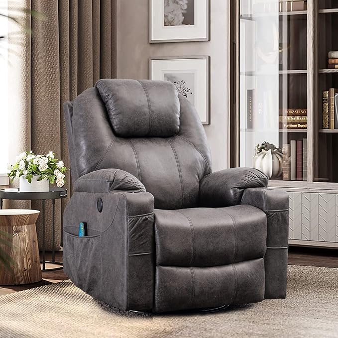 VIVIJASON Manual Massage Rocker Recliner Chair 360° Swivel Glider Lounge Chair with Heat Ergonomic Home Theater Recliner Sofa with 2 Side Pockets Cup Holders &amp USB Ports for Living Room Gray