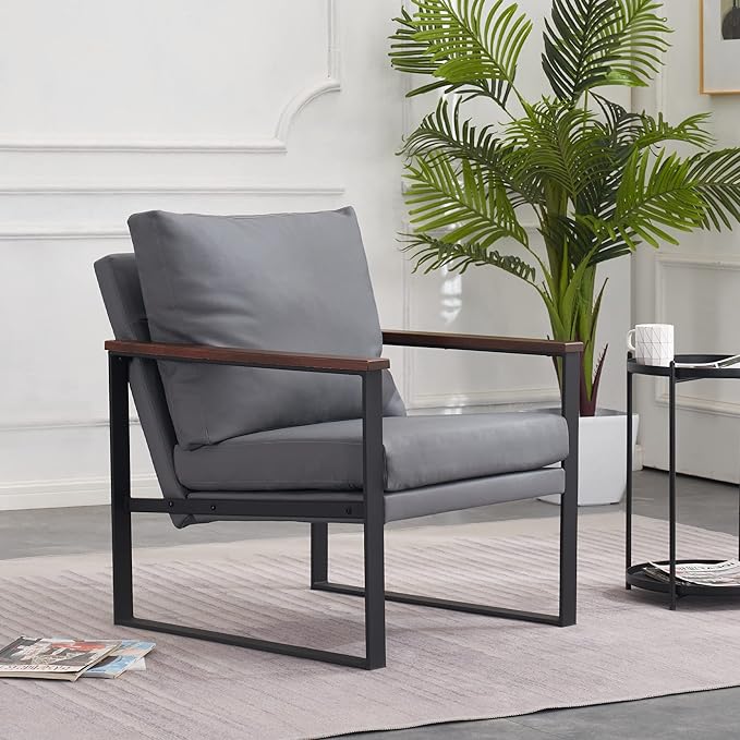 MCombo Modern Accent Chairs Faux Leather Upholstered Living Room Armchairs Waiting Room Guest Chair for Bedroom Office HQ304 (1 Grey)