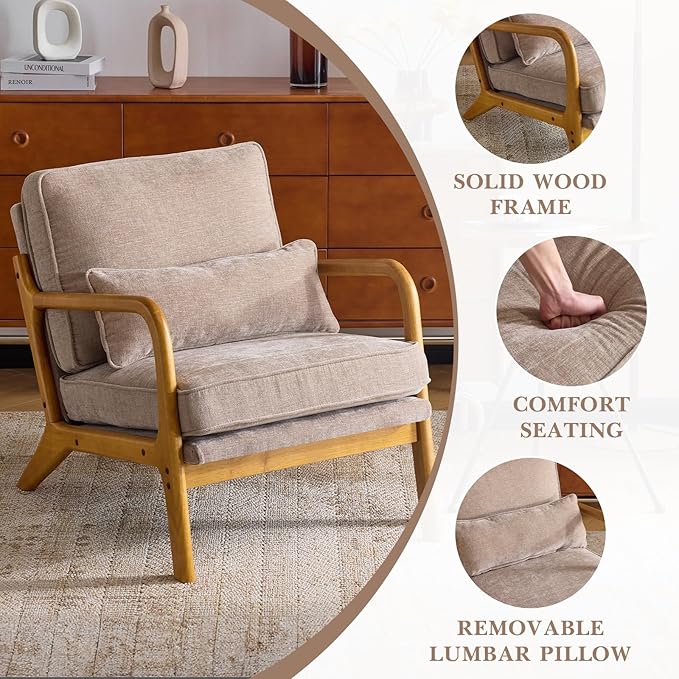 Karl home Mid Century Modern Accent Chair with Lumbar Pillow &amp Oak Arms – Plush Chenille Living Room Chair for Bedroom Lounge (Khaki)