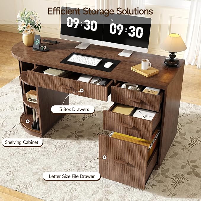 ONBRILL 58 Inch Fluted Executive Desk Computer Desk with Storage Drawers &amp File Drawer Modern Home Office Desk with Charging Station for Working Studying Writing Walnut