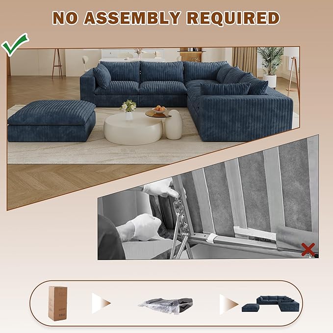 118.2 Modern V Shaped Corner Sofa Comfy Modular Sectional Cloud Couch with Plush Corduroy Fabric Deep Seat Upholstered Sofa Boneless Couches for Living Room No Assembly (Blue + Ottoman)