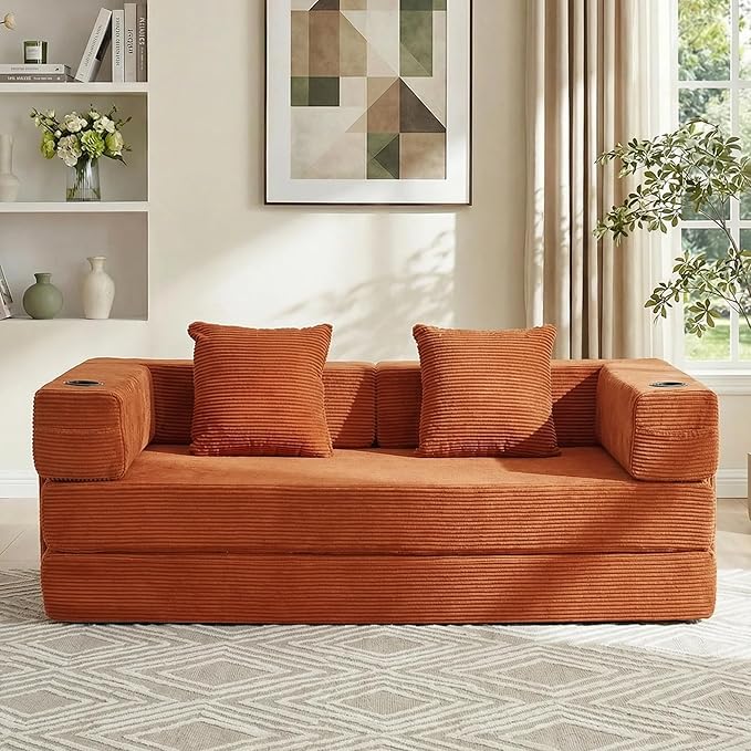 WELAX 72.8 Convertible Sleeper Sofa Bed Boneless Cloud Queen Futon Couches with Cupholders &amp Storage Pockets Corduroy Folding Floor Couch for Bedroom Apartment No Assembly Orange