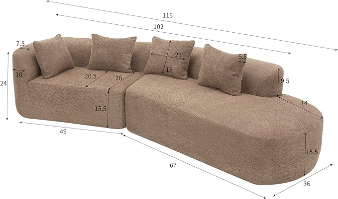 116Modern Curved Sectional Sofa with High-Density Fully Compressed Sponge and Chaise LoungePearl Upholstery2-Piece SetFully Assembled Right Hand FacingPerfect for Living Room (Camel~23)