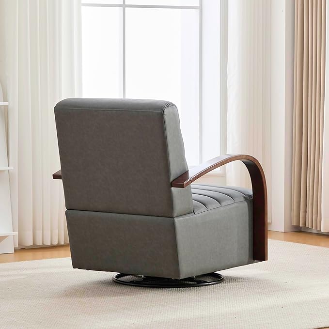 KEIKI 360° Swivel Armchair 30.3 W Upholstered Accent Chair with Solid Wood Arms Comfy PU Lounge Single Sofa Chair for Living Room Bedroom Reading Nook Gray