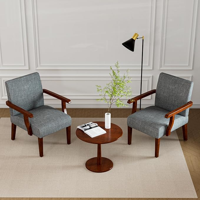 2PCS Accent Chairs with Table Set Fabric Upholstered Modern Accent Armchair Wood Frame Wide Corner Chair with Round Side Table for Small Space (Grey)