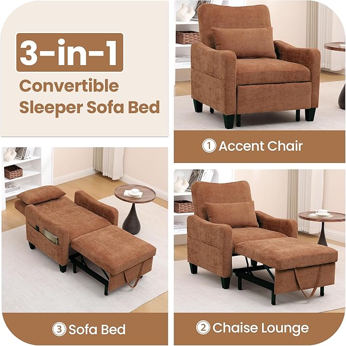 3 in 1 Convertible Sofa Bed Chair Pull Out Single Sleeper Chair Bed with Adjustable Backrest Modern Lounge Sofa for Small Space Orange