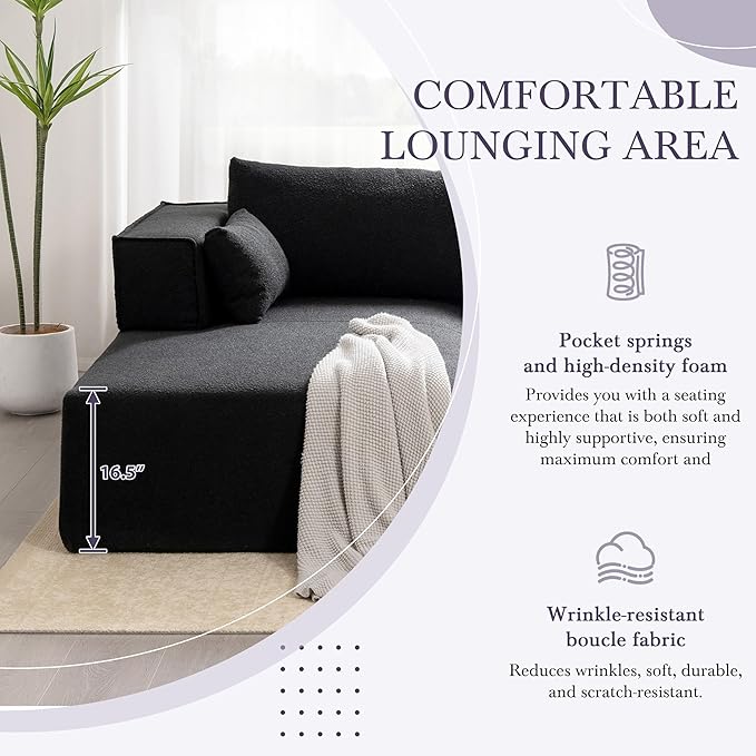 112 Modular Cloud Couch Sectional with Side TableBoneless Couch with Boucle FabricCompressed Foam Sectional Sofa with Left Facing ChaiseL-Shaped Sofa for Living RoomNo Assembly RequiredBlack